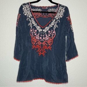 Johnny Was Gray Embroidered Blouse Top